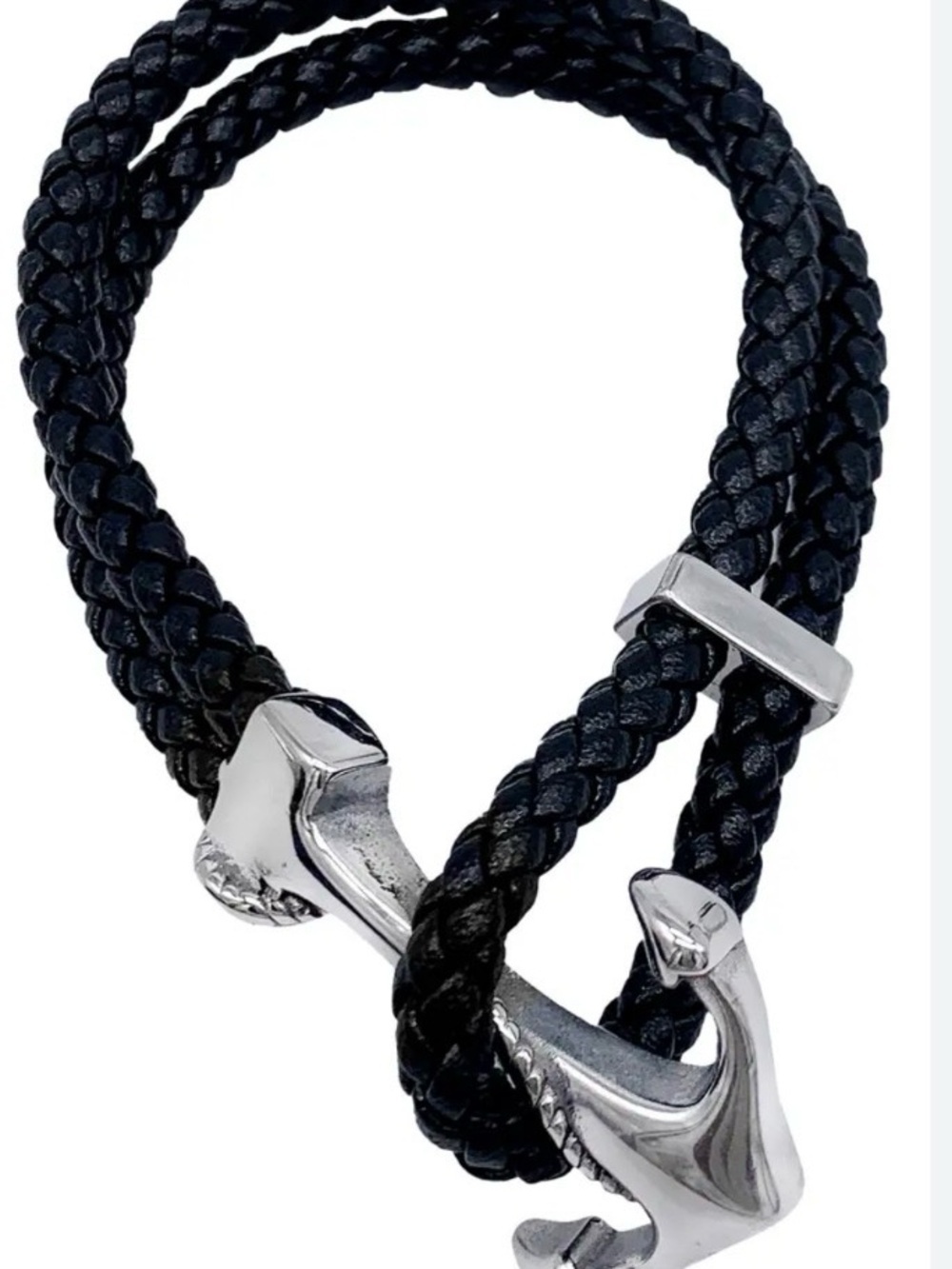 Braided Black Leatger like Bracelet with Silver Anchor Clasp